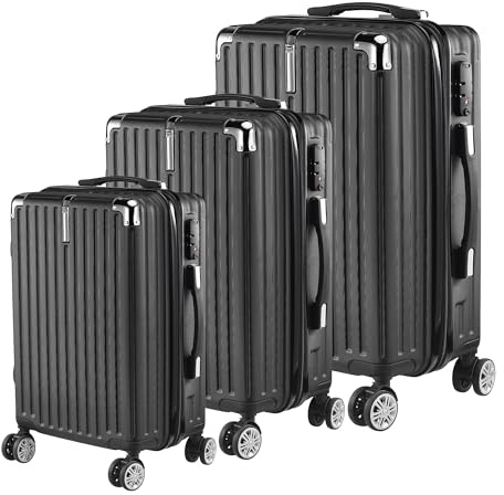 BRILVERDE Juego de 3 piezas para equipaje, maleta con protección de esquinas, rígida, de ABS, carro para viajes de negocios, marco de aluminio, color negro