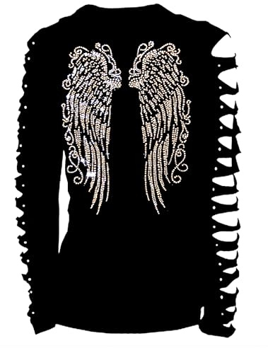 Long Angel Wings Bling Rhinestones T-Shirt Ripped Cut Out, Sassy Classy Cute Sexy Graphic Long (US, Alpha, Medium, Regular, Regular) Black
