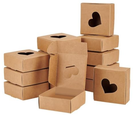 BENECREAT 30 Pack Kraftpapierboxen mit herzförmigem Fenster 7.5x7.5x3cm Geschenkboxen aus Pappe für Schmuck Speicher Display, Hochzeit, Ostern, Muttertag, Vatertag