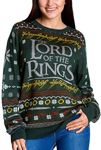 Elbenwald Herr der Ringe Strickpullover mit Der Eine Motiv für Herren Damen Unisex Baumwolle grün - S