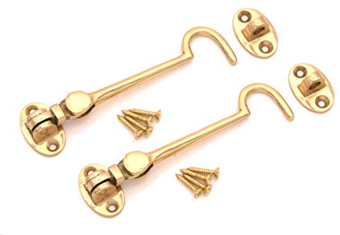 Infinity Decor Pack of 2 Cabin Hook and Eye Solid Brass - Silent Door Latch Lock for Window, Garden Gate, Door - 4 100mm (Polished Brass)