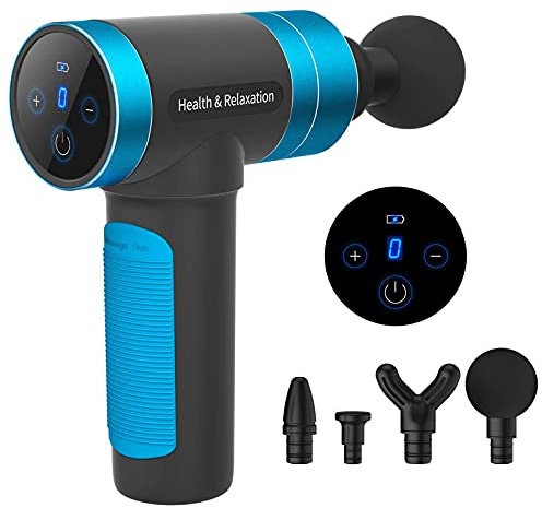 AMOS Massage Gun Deep Tissue Muscle Massager with 5 Speeds and 4 Heads Percussion Electric Handheld Massage Gun for Body Neck Shoulder Workout Recovery Pain Soreness Relief (Blue)