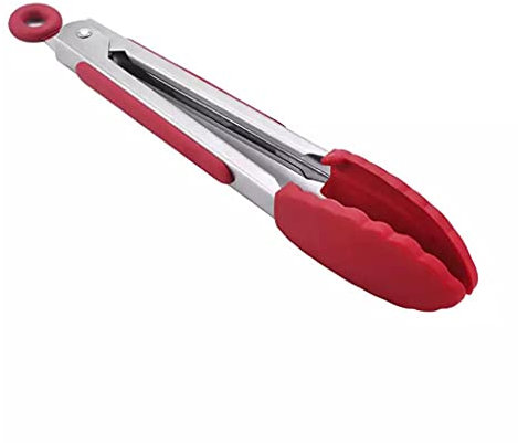 Royal Cuisine Kitchen Tongs Silicone Tongs Heat Resistant Handle with Easy Grip Non-Slip Smart Locking Stainless Steel Cooking Tongs for Cooking, Serving, Barbecue, Buffet, Salad and Ice (Red)