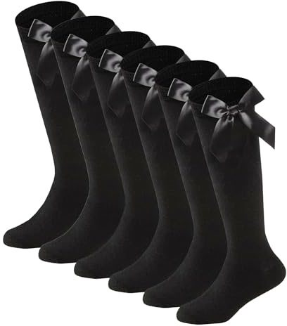 Bonjour Back to School Six pairs Girls knee high socks with Bow, Cotton rich long socks with bow (10-13 yrs, Black)