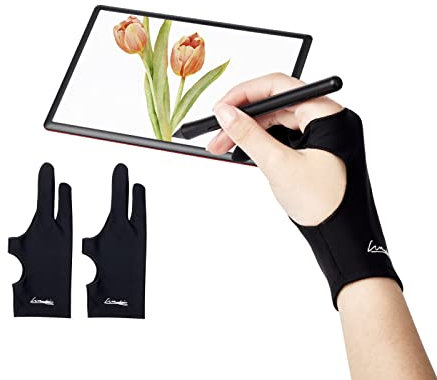Digitaler Zeichenhandschuh, 2 Stück, Künstlerhandschuh für Zeichentablett, iPad, Skizzieren, Kunsthandschuh mit zwei Fingern für rechte und linke Hand (Schmutzschutz, groß, 8,5 x 22,8 cm)