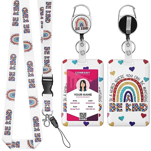 TIESOME Infällbar snodd med ID-korthållare set, boho regnbåge plast korthållare med avtagbar snodd och bricka rulle klämma ID-skydd hård bricka hållare för sjuksköterska läkare lärare (B)