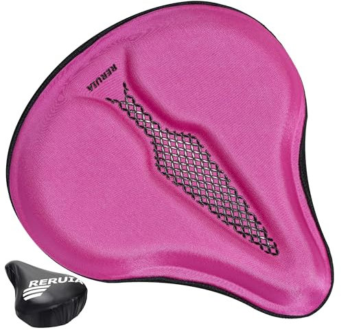 RERUIA Bike Seat Cover Wide Comfortable - Bicycle Seat Cushion Soft Memory Foam Padded Large Exercise Saddle Cover Replacement for Men Women Seniors Indoor Outdoor Cycling 11 X 10 Inches, Pink