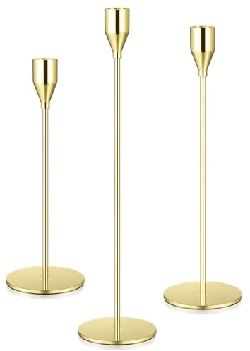 3 Pcs Gold Vintage Candlestick Holders for Taper Candle Stand, Metal Candle Sticks for Home Dinner Wedding Party Tabletop Decor Housewarming Gift 13/11/9