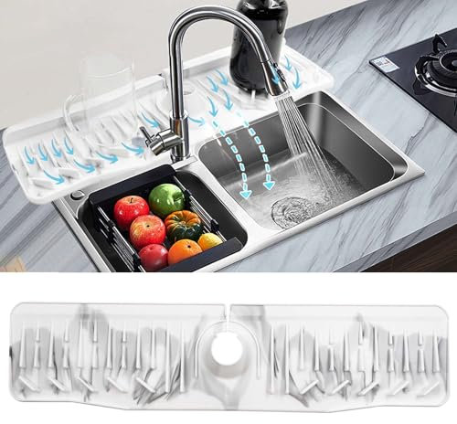 Daily Treasures Protector contra salpicaduras para fregadero de cocina de 60 x 15 cm más largo, con diseño de mármol, alfombrilla de silicona con pendiente de 10°, tapete plegable para recoger agua,