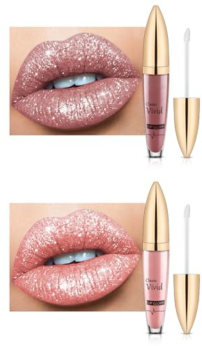 2pcs Lipgloss Glänzend, Flüssiger Lip Oil 3D Glitzer Feuchtigkeitsspender Lang anhaltende Lip Gloss, Lippen Care Lippenöl Lippenpflege für Trockene Lippen, Metallic Shimmer Liquid Lipstick