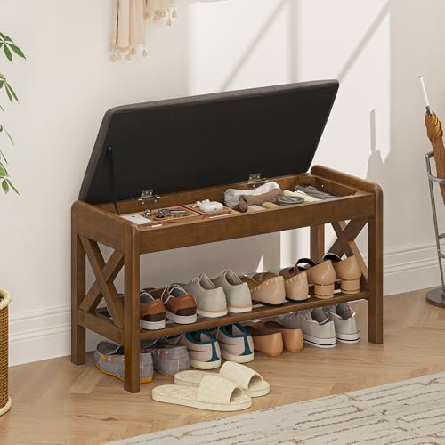 LUE BONA 80cm Schuhbank mit Sitzfläche,Holz Sitzbank mit Stauraum und Gepolstertem Kissen,Schuhschrank Holz mit Klappdeckel für Flur,Eingangsbereich,Wohnzimme,80x33x 46 cm,Rustikales Braun
