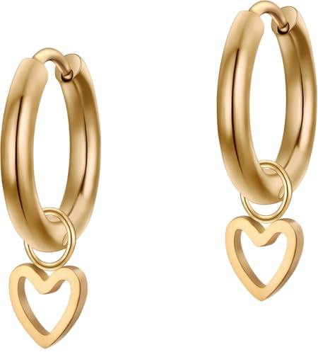 day.berlin Herz Ohrhänger Gia 18k vergoldet, Damen Ohrringe 14 mm Durchmesser mit Herzanhänger, 316L Edelstahl Creolen nickelfrei und wasserfest