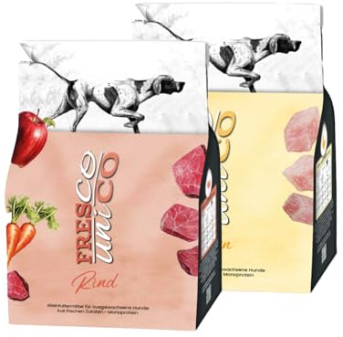 FRESCO Dog Unico PROBIERPAKET 2 x 1kg | Hundefutter trocken Huhn, Rind | 66% Fleischanteil & Gemüse | Mono-Protein & hohe Verträglichkeit | Sorgsam luftgetrocknet | Trockenfutter für Hunde sensitiv