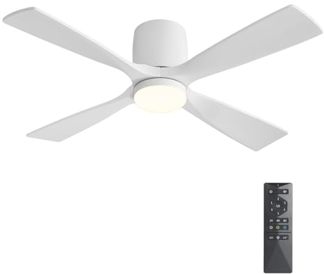 WINGBO 48 inch Flush Mount Ceiling Fan with Lights,Modern Ceiling Fan with Remote,Hugger Ceiling Fans,4 Wood Blades, Quiet 6-Speed DC Motor Low Profile Ceiling Fan, Gloss White