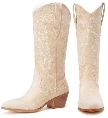 COOLCEPT Beige Cowgirl Boots for Women Mid Calf Cowboy Boots Pointed Toe Block Heel Western Boots Embroidered Cowgirl Boots for Festival Concert Party Size 39
