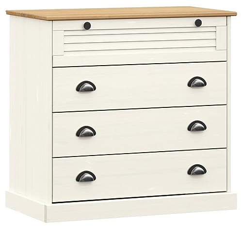Mhdvray Comò Vigo, cassettiera bianca, 80 x 40 x 76 cm, credenza in legno di pino massiccio, 4 cassetti con design a persiana, armadio per camera da letto e soggiorno