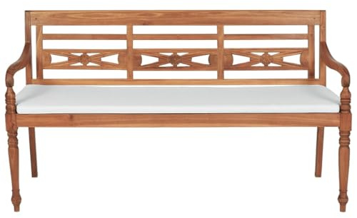 Bendmaxx Batavia trädgårdsbänk 150 cm av finslipad teak med stoppning, väderbeständig sittbänk, trädgård med armstöd, terrass, balkong, hållbar utomhusbänk för avslappnade stunder