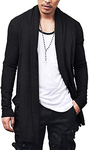 COOFANDY Mens Ruffle Shawl Collar Open Front Lightweight Long Length Drape Cape Overcoat Sweater with Pockets Black Medium