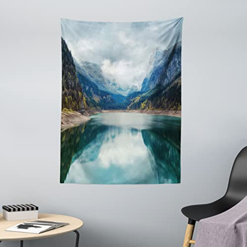 ABAKUHAUS Berg Wandteppich, Alpine Lake Sky Wald aus Weiches Mikrofaser Stoff Waschbar ohne Verblassen Digitaldruck, 110 x 150 cm,Grün Blau Grau