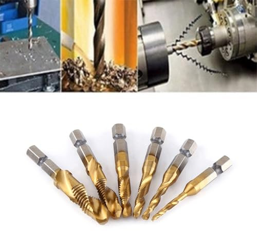 6pcs Set of HSS drill and tap bits made of High speed steel(titanium coated) - 6.35mm(1/4) - used to create screw threads, to cut or form the female portion of the mating pair