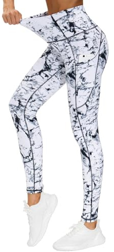THE GYM PEOPLE Thick High Waist Yoga Pants with Pockets, Tummy Control Workout Running Yoga Leggings for Women (Small, Marble)