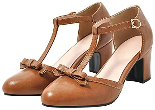 Etebella Damen T Steg Sandaletten Mary Jane Blockabsatz High Heels Pumps mit Schleife(Braun,38)
