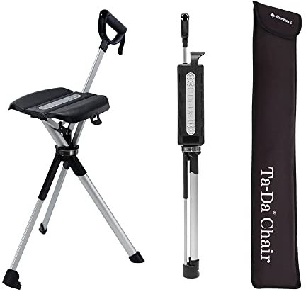 Ta-Da Chair Serie 2 - Gehstock mit Sitz, ultraleichter Aluminiumrahmen & robuster Klapphocker (bis 136 kg) zusammenklappbares Design, ideal für Wanderungen und Outdoor-Aktivitäten (schwarz, M (87 cm))