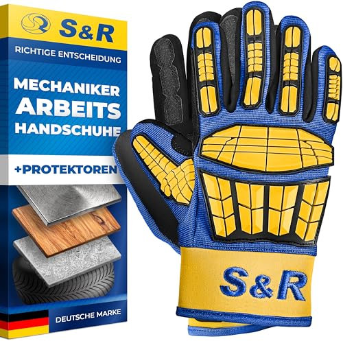 S&R Mechaniker Handschuhe mit flexiblen Protektoren, Gr.10, 1 Paar Arbeitshandschuhe für KFZ-, Metall-, Bau-, Holzarbeiten, stoßdämpfende Knöchelschutz, reißfest