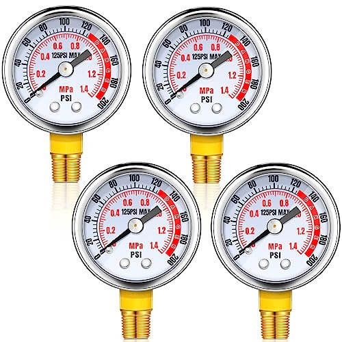 Xuhal 4 Pcs 0-200 PSI Air Pressure Gauge - 1/8'' Male NPT Connection, Lower Side Mount, 1.57 Inch Dial Air Compressor Gauge - Waterproof, Stainless Steel Case