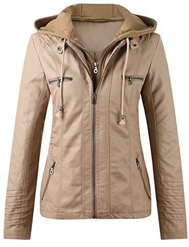 Cocila Women's Faux Leather Biker Jacket Tops Zip Jacket Women's Belt Collar Leather Slim Suit Stand Coat Motorcycle Women's Coat Womens plus Size Vest 3x (Khaki, L)
