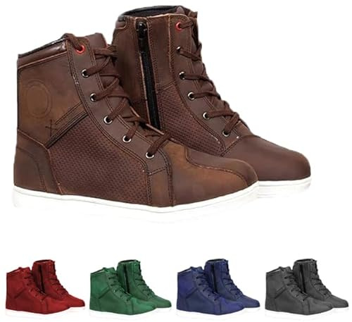 Botas de Moto para Hombre - Zapatos Protectores de Cuero para Motociclista, Transpirables Reforzadas con Tobillera, Suela Antideslizante, Botas de Turismo con Cordones Aprobadas por la CE (Marrón, 45)