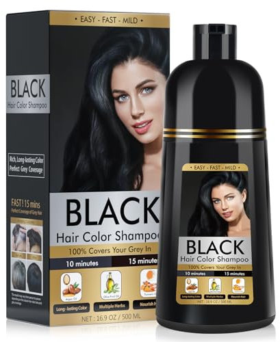 Schwarzes Haarfärbeshampoo Permanent für Männer&Frauen,Haarfärbeshampoo für graues Haar und Bart,3-In-1 Shampoo für farbbehandeltes Haar,500ml