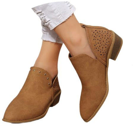 Retro Ankelstövlar Med Nitar Chelsea Korta Stövlar for Kvinnor Eleganta Slip-on Stövletter Med Blockklack 2024 Nya Ihåliga Stövlar Höst Vinter Fritid Ankelskor Med Spetsig Tå(Brown,40 EU)