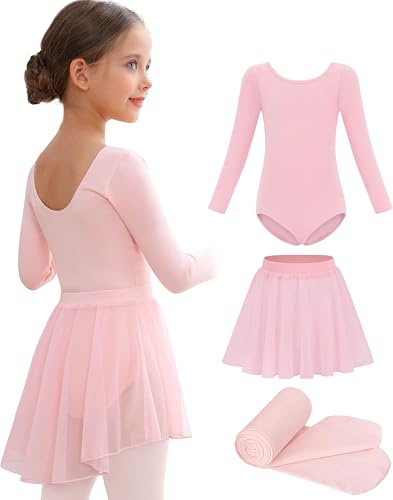Mecceos Ballet Leotards with Skirt Tights Combo for Toddler Girls Dance Long Sleeve Leotard Ballerina Dresses Outfits (Ballet Pink, 4-6 Years, MEAM-322)