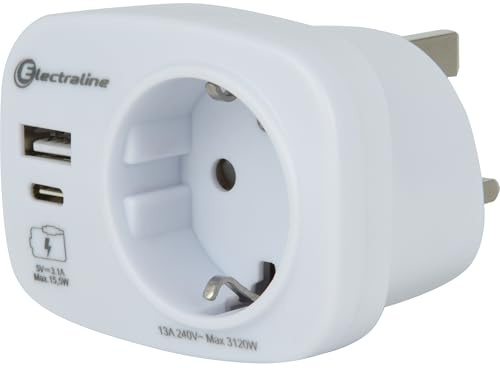 Electraline 70037 Adattatore da viaggio per Regno Unito, spina tedesca, presa adattatore per Regno Unito con 2 USB (1 tipo A 3,1 A + 1 tipo C) Max 15,5 W