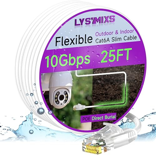 Lysymixs 7,6 m Cat6a tunn Ethernet-anslutningskabel för inomhus- och utomhusbruk, 10G Cat6 Internet-nätverkskabel, vattentät, UV-mantel, Cat 6 ren koppar, Ethernet-kabel, för PoE, vit