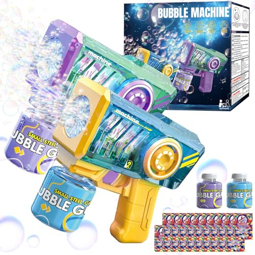 Beria Bubble Gun with Bubble Solution - Transparent, Electric, Leak-Proof, Bubbles Machine with RGB Lights, Ideal Gift for Kids Ages 3-8 Birthday, Toys for 3 4 5 6 7 8 Years Old Boys Girls