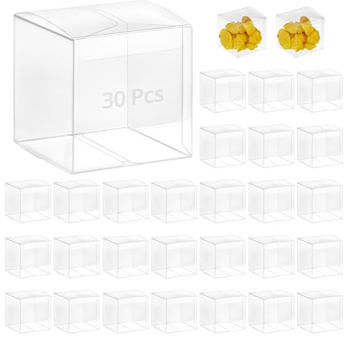 QWORK® 30 Pezzi Scatole Regalo in PVC Trasparente Cubo da 7x7x7 cm, Scatole per Bomboniere per Regali, Conservazione di Gioielli, Torte e Caramelle