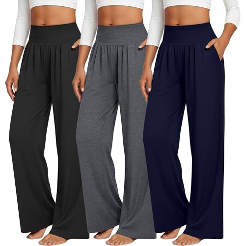 Neer Confezione da 3 Pantaloni da Yoga da Donna a Gamba Larga Pantaloni da Casa con Tasche Pantaloni da Jogging Larghi(XXL,Nero, Grigio scuro, Blu Navy)