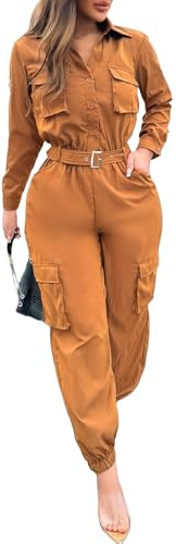 Gudasuo Womens Cargo Jumpsuit Sexy Top Ruched Drawstring Pants Spread Bodysuit Utility Romper (0061,BR,L)