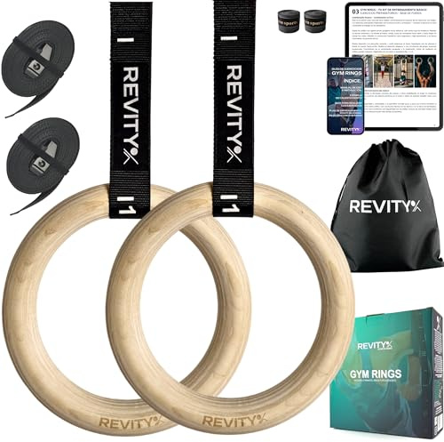 REVITY Anillas Gimnasia de Madera - Anillas Calistenia 32 mm para Crossfit, Musculación y Fitness, Correas 450 x 3,8 cm con Marcas de Medida, Carga Máxima 250 kg, Cintas de Agarre para Aros, Guía PDF