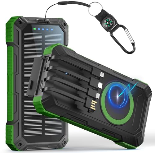 56800mAh Solare Power Bank con 4 Cavi,PD30W Caricabatterie Portatile Solare Ricarica Rapida,Power Bank Senza fil con Torcia LED | Bussola, 6 Uscite 3 Ingressi per Smartphones,Tablets