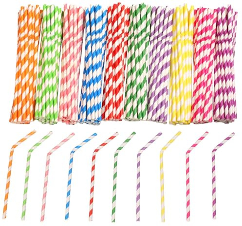 Xyedyaup 100 Pcs Bendy Straws Flexible Colourful Disposable Paper Straw 197 mm x 6 mm Drinking Striped Paper Drinking Biodegradable﻿ 5-7 Random Colors