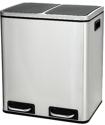 Panana 30L Dual Rubbish Bin,Kitchen Stainless Steel Double Bucket Trash Can,Step On Kitchen Garbage Recycling Bin 15L+15L Steel Dustbin,Rubbish Pedal Bin (Silver)