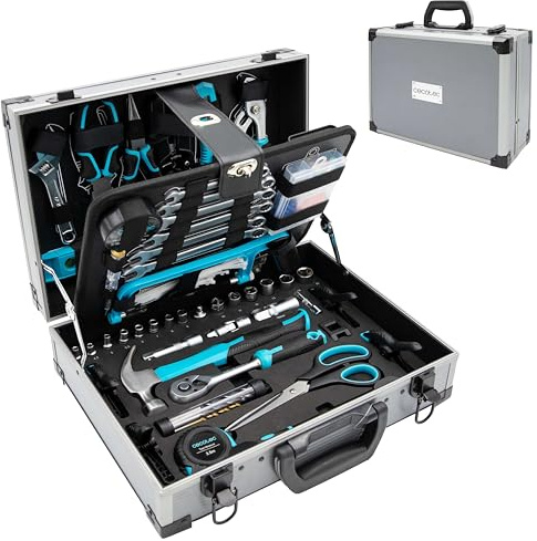Cecotec Cassetta degli Attrezzi 380 Pezzi ToolBox 8000 Pro. Valigetta in Alluminio Premium, Bussole CR-V, Punte S2 Resistenti, Chiavi a Cricchetto e Fisse, Ideale in Falegnameria, Crea Ogni Progetto