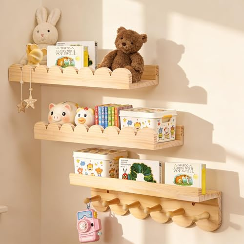 3er Étagères Murales Enfant en Bois Massif avec 6 crochets, 40cm Bibliothèque Etagere Murale Chambre pour Livres & Jouets, Étagère Montessori pour Fille Garçon Salle de Jeux Chambre à Coucher Salon