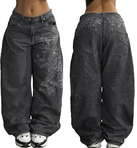Baggy Jeans for Women Y2k Hip Hop Goth Street Wide Leg Jeans with Skeleton Print Loose Vintage High Waist Pants Street Wear Daily Oversized Boyfriend Punk Pants Grunge Skateboard Stretchy Denim Jeans