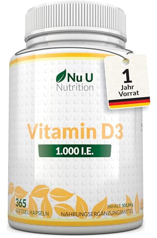 Vitamin D 1000 I.E. Hochdosiert - 365 Softgel Kapseln nicht Tabletten - Im Jahresvorrat - Vit D3 Cholecalciferol - Nu U Nutrition