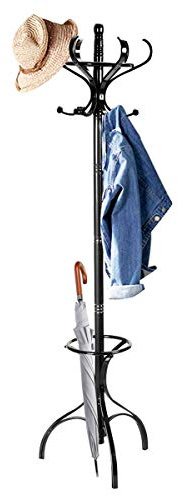 CASART Floor Standing Hat Coat Scarf Stand Hanger with 6/12 Hooks, Umbrella Stand Hall Tree Rack for Hallway Bedroom Home Office (Black, 12 Hooks+Umbrella Stand)