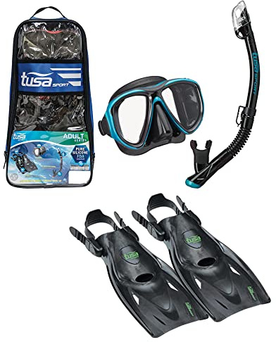 TUSA Sport Adult Powerview Mask, Dry Snorkel, and Fins Travel Set, Medium, Black/Ocean Green, UP-2521B-BKOG-M